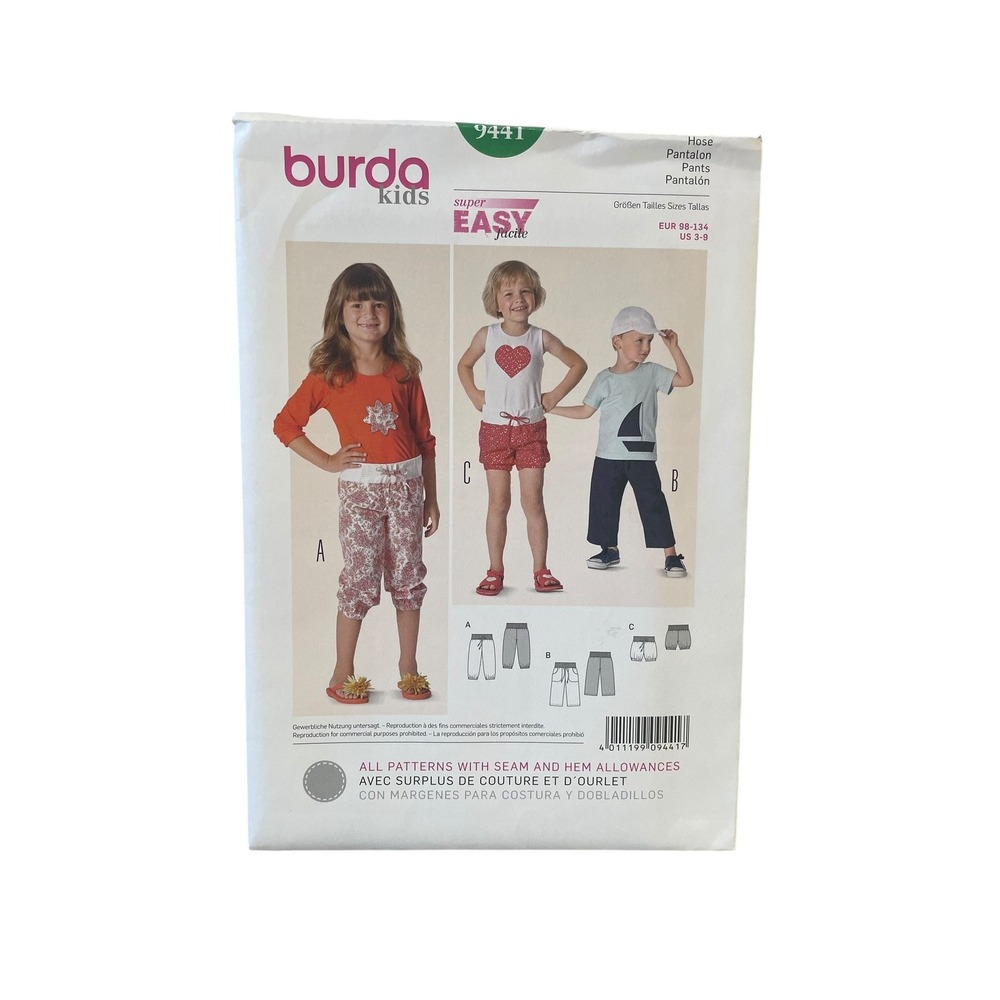 Burda 9441 Kids Pants Sewing Pattern Size US 3-9 Super Easy Uncut FF